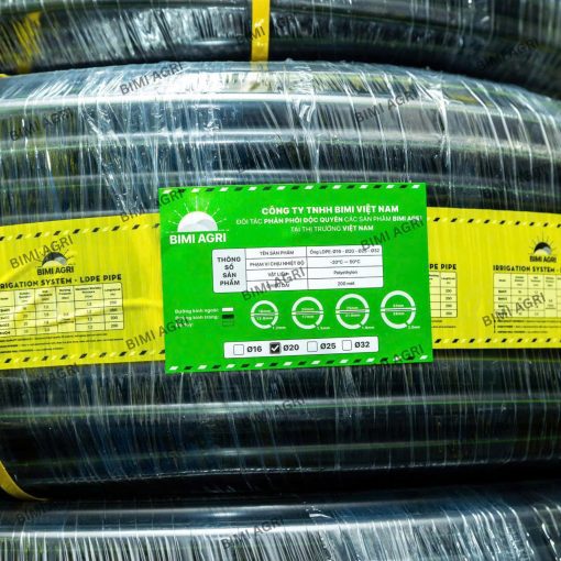 Ống LDPE thương hiệu BIMI AGRI làm từ nhựa nguyên sinh 100%, độ bền nắng mưa trên 15 năm, bảo hành 5 năm. Có các kích thước phi 16,20,25,32