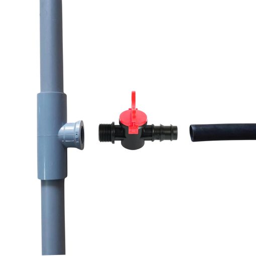 Van khoá khởi thuỷ ren ống LDPE, 1 đầu là ren ngoài kết nối với ren trong của ống PVC, 1 đầu kết nối ống LDPE