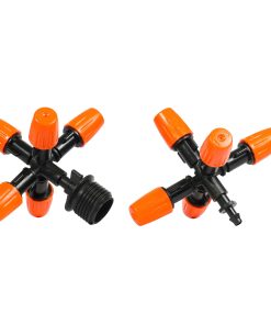 Béc phun sương cam 5 cửa bao gồm 5 đầu phưn sương cam chỉnh lưu lượng và bán kính tại đầu béc và 1 cổng chia 5 để ra nhánh 5 cái béc