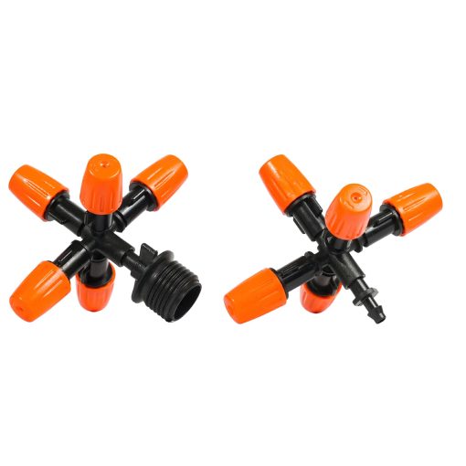 Béc phun sương cam 5 cửa bao gồm 5 đầu phưn sương cam chỉnh lưu lượng và bán kính tại đầu béc và 1 cổng chia 5 để ra nhánh 5 cái béc