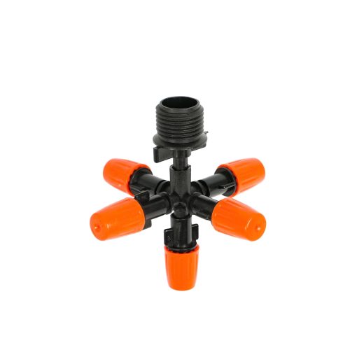 Béc phun sương cam 5 cửa bao gồm 5 đầu phưn sương cam chỉnh lưu lượng và bán kính tại đầu béc và 1 cổng chia 5 để ra nhánh 5 cái béc