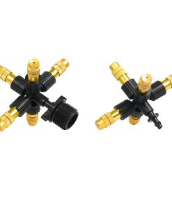 Béc phun sương đồng 5 cửa bao gồm 5 đầu phun sương bằng đồng chỉnh lưu lượng và bán kính tại đầu béc và 1 cổng chia 5 để ra nhánh 5 cái béc