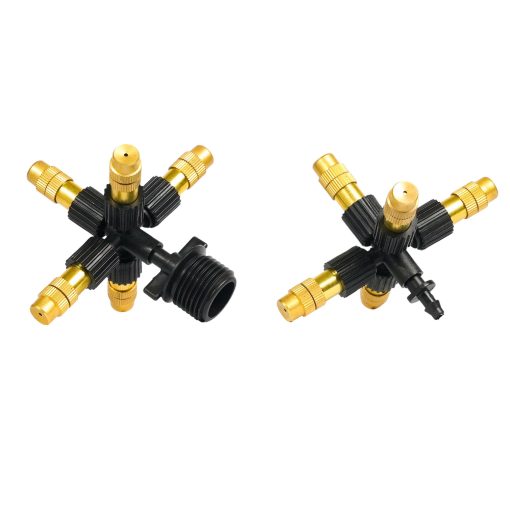 Béc phun sương đồng 5 cửa bao gồm 5 đầu phun sương bằng đồng chỉnh lưu lượng và bán kính tại đầu béc và 1 cổng chia 5 để ra nhánh 5 cái béc