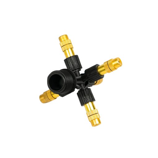 Béc phun sương đồng 5 cửa bao gồm 5 đầu phun sương bằng đồng chỉnh lưu lượng và bán kính tại đầu béc và 1 cổng chia 5 để ra nhánh 5 cái béc